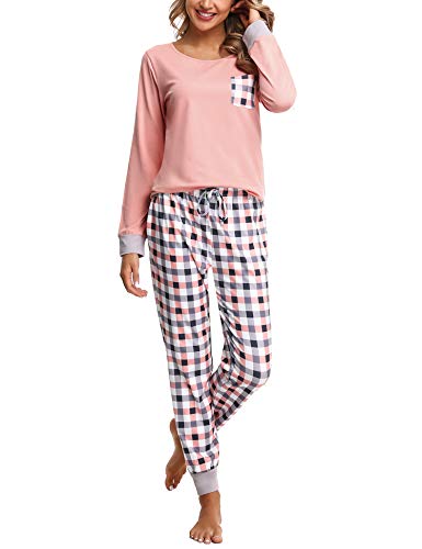 Pijamas Mujer Conjunto de Pijama a Cuadros para Dama Pjs Top Ropa de Dormir Camisa y Pantalones con Bolsillo Manga Larga Soft Lounge Sets Ropa de Cama Loungewear (B# Rosa, 2XL)