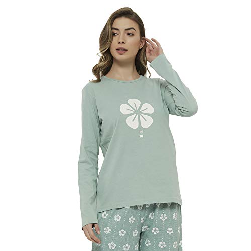 PimpamTex – Pijama de Mujer Invierno Algodón de Otoño-Invierno Camiseta Manga Larga y Pantalón Largo Estampados de Tacto Suave (XL, Trébol Verde)