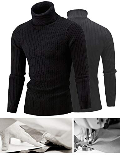 Pinkpum Suéter para Hombre Hombre Suéter de Cuello Alto Básico Ajustado de Punto Texturizado Negro 1 L
