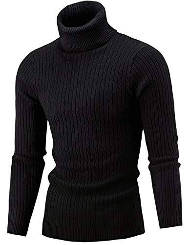 Pinkpum Suéter para Hombre Hombre Suéter de Cuello Alto Básico Ajustado de Punto Texturizado Negro 1 L