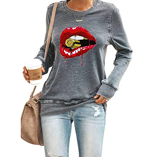PKYGXZ Sudadera para Mujer Suéter de Moda para Mujer de Manga Larga con Estampado de Labios de Dibujos Animados Casual Jersey de Cuello Redondo Sudadera Tops suéter Camiseta