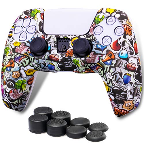 Playrealm Suave Impresión Silicona Funda Piel Carcasas x 1 y Agarres para el Pulgar x 8 para el Mando PS5 Dualsenese (Pintura Linda)