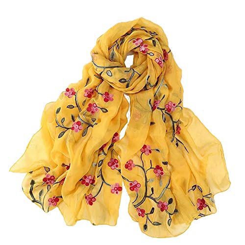 Pluto & Fox Fular De Mujer Bordado Con Flores Bufanda De Seda Diseño Retro Elegante Pañuelo cuello Estola (Amarillo, 75cm*175cm)