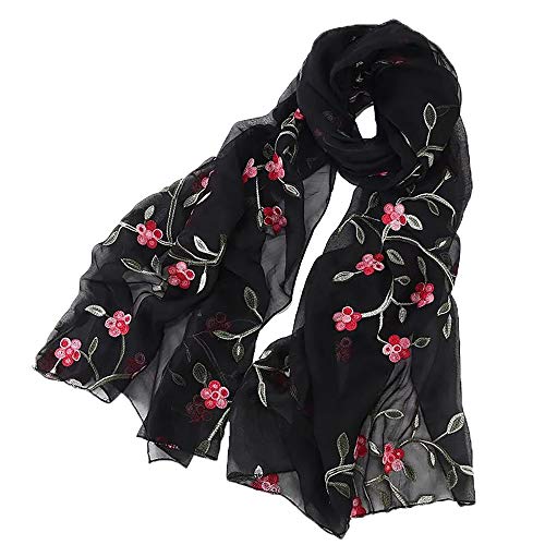 Pluto & Fox Fular De Mujer Bordado Con Flores Bufanda De Seda Diseño Retro Elegante Pañuelo cuello Estola (Negro, 75cm*175cm)