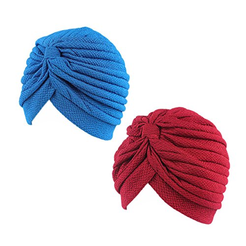 Pluto & Fox Gorra Beanie De Tela Color Liso Turbante para Cabeza De Mujer para Cáncer Quimioterapia Chemo Oncológico Noche Pèrdida de Pelo Cabello 2 Unidades (Granate/Azul, 2)
