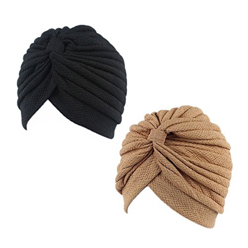 Pluto & Fox Gorra Beanie De Tela Color Liso Turbante para Cabeza De Mujer para Cáncer Quimioterapia Chemo Oncológico Noche Pèrdida de Pelo Cabello 2 Unidades (Negro/Beige, 2)