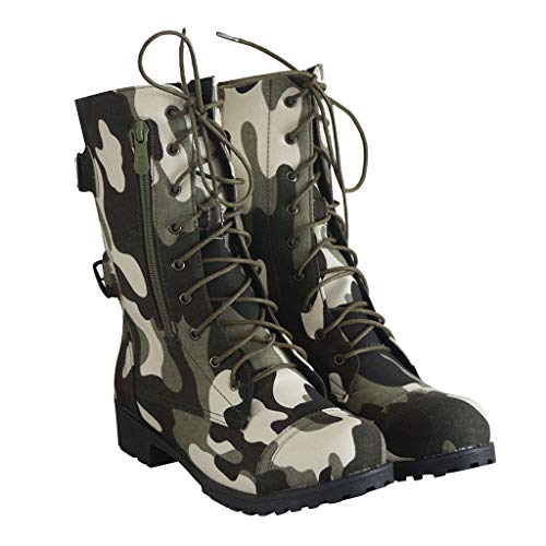 POLP Botas Militares Mujer Invierno Botines Mujer Tacon Medio Zapatos de Tacón con Cordones Zapatilla Alta con Hebilla Camuflaje Patrón de Cebra