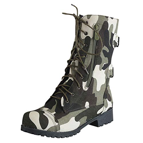 POLP Botas Militares Mujer Invierno Botines Mujer Tacon Medio Zapatos de Tacón con Cordones Zapatilla Alta con Hebilla Camuflaje Patrón de Cebra