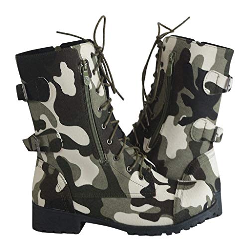 POLP Botas Militares Mujer Invierno Botines Mujer Tacon Medio Zapatos de Tacón con Cordones Zapatilla Alta con Hebilla Camuflaje Patrón de Cebra