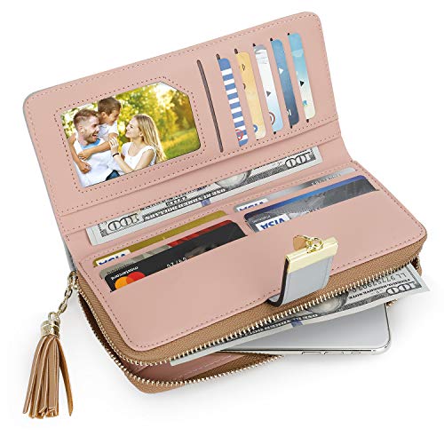 Pomelo best Monederos Mujer Cartera de Mujer de Gran Capacidad de Cuero de Mujer con RFID Bloqueo Bolsos Largo de Mujer con Cremallera de Bolsillo y Borlas (Caqui)