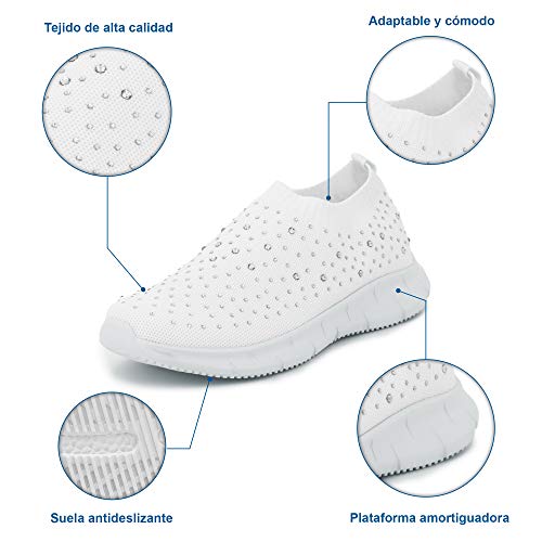 Possidonia Zapatillas Casual con Brillantes para Mujer, Tipo Calcetín, Transpirables Outdoor Ligero Sneakers Talla 36-41EU (Blanco, Numeric_39)