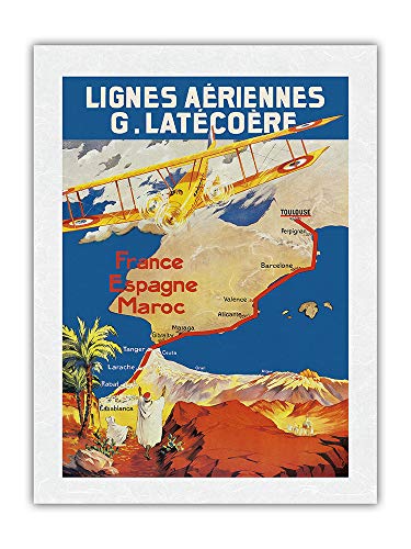 Póster vintage de viaje de la compañía aérea C.1920 de la Lignes Aeriennes (Aéropostale) de Francia - España - Marruecos - Papel de arroz premium Unryu (61 x 81 cm)