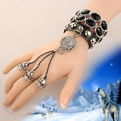 PRETYZOOM Pulsera de Cuero Punk con Tres Anillos de Calavera Pulsera de Esclavo Gótico Lobo Cadena de Muñeca Vintage Encantos Joyería para Mujeres Hombres Regalos Uso Diario Fiesta de