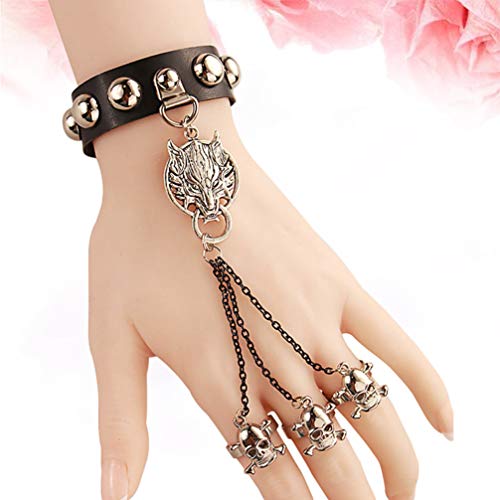 PRETYZOOM Pulsera de Cuero Punk con Tres Anillos de Calavera Pulsera de Esclavo Gótico Lobo Cadena de Muñeca Vintage Encantos Joyería para Mujeres Hombres Regalos Uso Diario Fiesta de