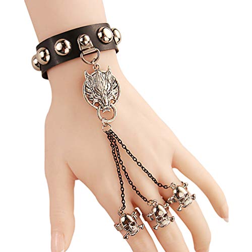 PRETYZOOM Pulsera de Cuero Punk con Tres Anillos de Calavera Pulsera de Esclavo Gótico Lobo Cadena de Muñeca Vintage Encantos Joyería para Mujeres Hombres Regalos Uso Diario Fiesta de
