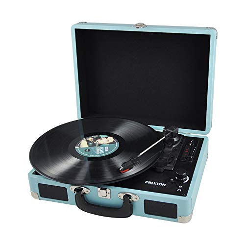 PRIXTON VC400 - Tocadiscos de Vinilo Vintage, Reproductor de Vinilo y Reproductor de Musica Mediante Bluetooth y USB, 2 Altavoces Incorporados, Diseño de Maleta, Color Azul