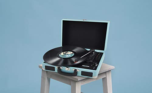 PRIXTON VC400 - Tocadiscos de Vinilo Vintage, Reproductor de Vinilo y Reproductor de Musica Mediante Bluetooth y USB, 2 Altavoces Incorporados, Diseño de Maleta, Color Azul