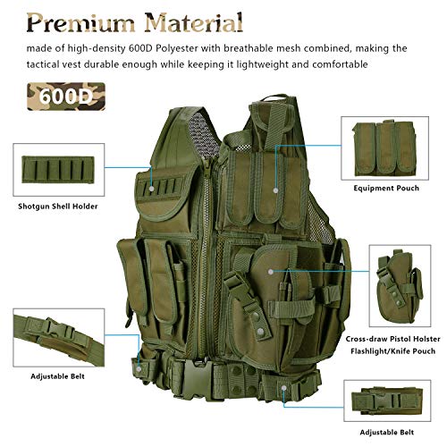 ProCase Chaleco Táctico Hombre, Ropa Militar Multibolsillos para Caza Airsoft Paintball, Chaleco de Asalto Entrenamiento Ajustable Transpirable Ligero para Deportes al Aire Libre -Verde