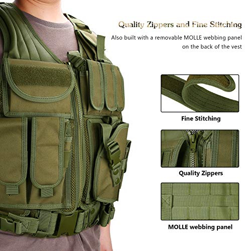 ProCase Chaleco Táctico Hombre, Ropa Militar Multibolsillos para Caza Airsoft Paintball, Chaleco de Asalto Entrenamiento Ajustable Transpirable Ligero para Deportes al Aire Libre -Verde