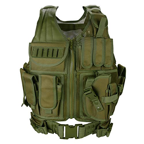 ProCase Chaleco Táctico Hombre, Ropa Militar Multibolsillos para Caza Airsoft Paintball, Chaleco de Asalto Entrenamiento Ajustable Transpirable Ligero para Deportes al Aire Libre -Verde