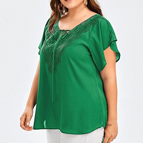 Proumy Camiseta Verde de Gasa Mujer Blusa con Manga Corta Camisa con Encaje Floral Vestido Largo Elástico Tops de Talla Grande Traje de Flores Cómodo Cuello V con Tiras