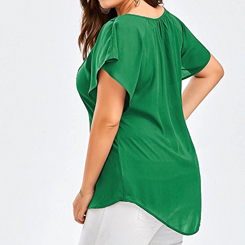 Proumy Camiseta Verde de Gasa Mujer Blusa con Manga Corta Camisa con Encaje Floral Vestido Largo Elástico Tops de Talla Grande Traje de Flores Cómodo Cuello V con Tiras