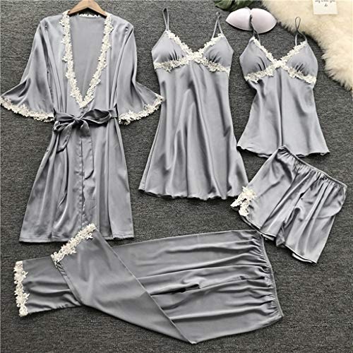 Proumy Conjunto de Pijamas Mujer Baratas 5 Piezas Kimono Larga Pijama de Encaje Verano Batas con Calzoncillos Cortos Ropa de Dormir con Pantalones Largos Traje Talla Grande Lencería Erótica Gris