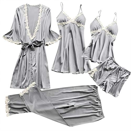 Proumy Conjunto de Pijamas Mujer Baratas 5 Piezas Kimono Larga Pijama de Encaje Verano Batas con Calzoncillos Cortos Ropa de Dormir con Pantalones Largos Traje Talla Grande Lencería Erótica Gris