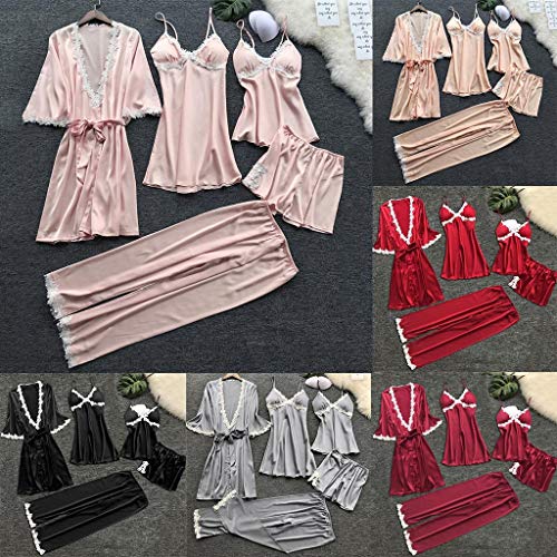 Proumy Conjunto de Pijamas Mujer Baratas 5 Piezas Kimono Larga Pijama de Encaje Verano Batas con Calzoncillos Cortos Ropa de Dormir con Pantalones Largos Traje Talla Grande Lencería Erótica Gris