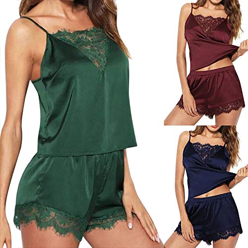 Proumy Pijama Mujer Verano Azul de Talla Grande Conjunto de Bata Sexy Ropa de Dormir de Encaje Vestido de Dormir 2 Piezas Camisola Cuello V Floral Transparente con Calzoncillos Cortos