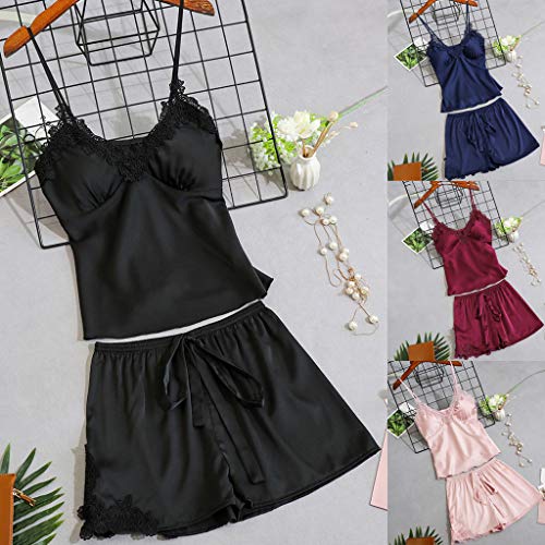 Proumy Pijama Verano Mujer Dos Piezas Camisola de Encaje Sexy Bata de Seda con Flores Conjunto de Ropa de Dormir con Calzoncillo Chaleco Cuello V de Tiras Ajustable Vestido Interior de Cama Azul