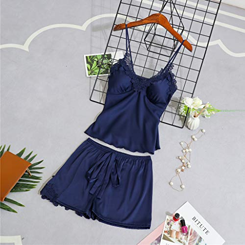 Proumy Pijama Verano Mujer Dos Piezas Camisola de Encaje Sexy Bata de Seda con Flores Conjunto de Ropa de Dormir con Calzoncillo Chaleco Cuello V de Tiras Ajustable Vestido Interior de Cama Azul