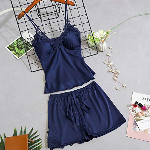 Proumy Pijama Verano Mujer Dos Piezas Camisola de Encaje Sexy Bata de Seda con Flores Conjunto de Ropa de Dormir con Calzoncillo Chaleco Cuello V de Tiras Ajustable Vestido Interior de Cama Azul