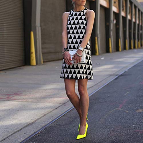 Proumy Vestido de Trabajo Verano Mujer Estampado Triángulos Ropa sin Manga Chaleco Larga Blanco Negro Faldas Rectas Camiseta Básica Chaleco Geométrica Dresses Corto Skirt Traje de Talla Grande (2XL)