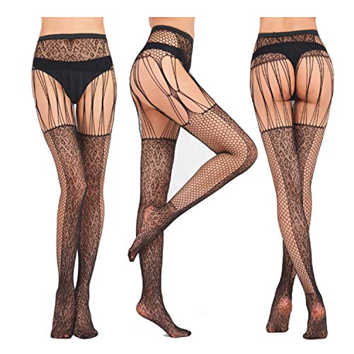 PTN Negro Medias de Liga, Mujer Pantimedias Semi Medias, Medias de Rejilla, Medias Elásticas para Mujer, Cinturón con Tirantes de Varios Patrones para Mujeres 6 Pares