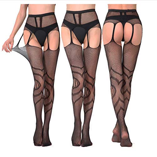 PTN Negro Medias de Liga, Mujer Pantimedias Semi Medias, Medias de Rejilla, Medias Elásticas para Mujer, Cinturón con Tirantes de Varios Patrones para Mujeres 6 Pares