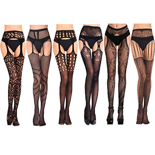 PTN Negro Medias de Liga, Mujer Pantimedias Semi Medias, Medias de Rejilla, Medias Elásticas para Mujer, Cinturón con Tirantes de Varios Patrones para Mujeres 6 Pares