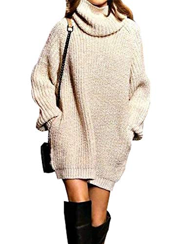 Pullover Largo Mujer Elegantes Moda Jersey Largo Otoño Invierno con Bolsillos Color Sólido Cuello Alto Manga Larga Basic Anchos Sudaderas Pullover Punto Casual Cómodo Jerseys Lana Moda Joven Ropa