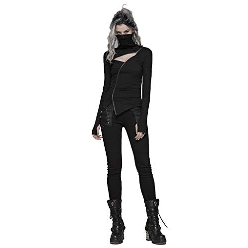 Punk Rave - Camiseta de Manga Larga para Mujer, Cuello Alto, Estilo gótico, Irregular, Informal, Color Negro Negro Negro (XS-S