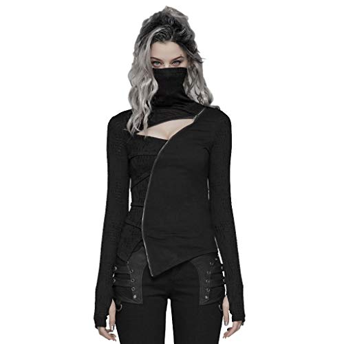 Punk Rave - Camiseta de Manga Larga para Mujer, Cuello Alto, Estilo gótico, Irregular, Informal, Color Negro Negro Negro (XS-S