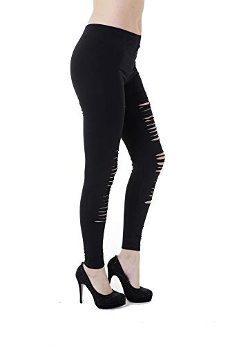 PunkJewelry Tatuaje Leggings Mujer Gótico Punk Carnaval Leggins Pantalones Ripeado Roto Look Dos Tallas - Negro, Talla única