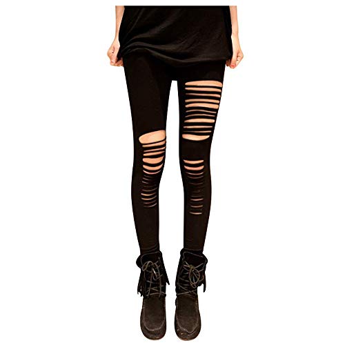 PunkJewelry Tatuaje Leggings Mujer Gótico Punk Carnaval Leggins Pantalones Ripeado Roto Look Dos Tallas - Negro, Talla única