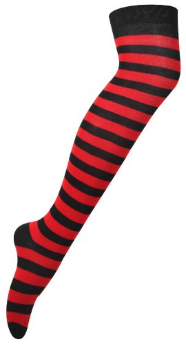 Purple Hanger - Calcetines largos por encima de la rodilla para mujer, diseño de rayas horizontales rojo rojo y negro shoe 4-6 UK