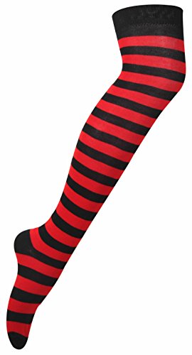 Purple Hanger - Calcetines largos por encima de la rodilla para mujer, diseño de rayas horizontales rojo rojo y negro shoe 4-6 UK
