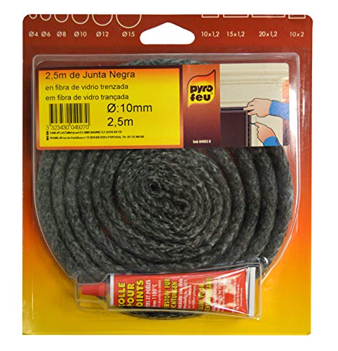 Pyro Feu PYROFEU-24927-6 Junta Refractaria Y Tubo Pegamento, Fibra De Vidrio, Negra, Ø 10 mm x 2,5 m