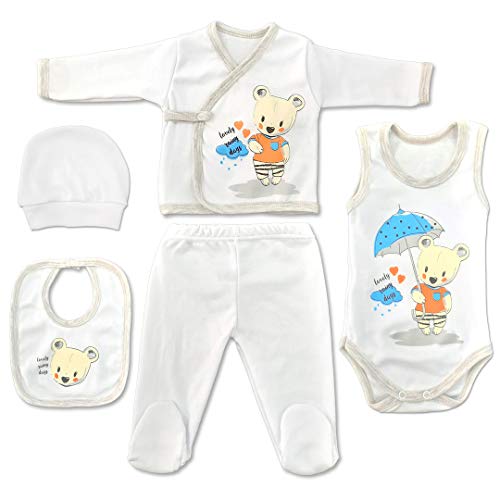 QAR7.3 Conjunto de Ropa Bebe Recien Nacido - 100% Algodón - Set Regalo 5 Piezas: Body, Pijama, Pantalon, Babero, Gorro (Blanco, 0-3 meses)