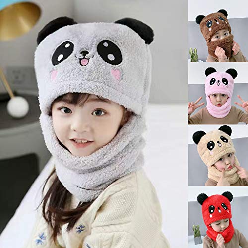 Qiman Sombrero de invierno para niños, de forro polar, con orejas de oso panda y oso de terciopelo, con orejeras de peluche, gorro para el cuello