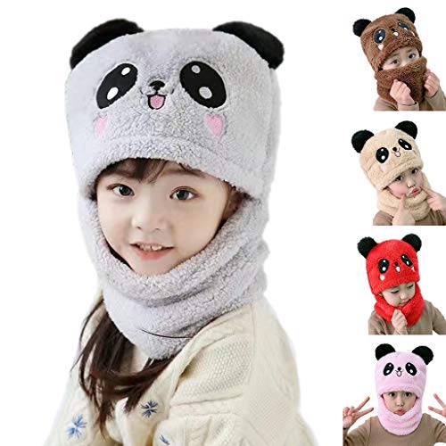 Qiman Sombrero de invierno para niños, de forro polar, con orejas de oso panda y oso de terciopelo, con orejeras de peluche, gorro para el cuello