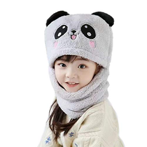 Qiman Sombrero de invierno para niños, de forro polar, con orejas de oso panda y oso de terciopelo, con orejeras de peluche, gorro para el cuello