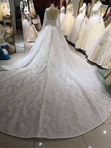 QING XIN-1225 Wedding Dress,Prom Dresses Rebordeó la Novia de la Boda Floral 3D Vestido de Encaje de Manga Larga Vestidos de Novia árabe de Lujo Evening Dresses (Color : Ivory, US Size : 6)